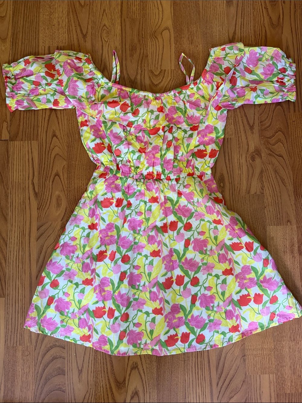 Girls Floral Off-Shoulder Summer Dress - Pink & Red